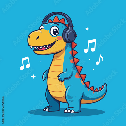 Cute Dinosaur Listening to Music with Headphones