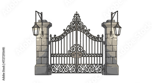 Ornate vintage wrought iron gate with stone pillars and hanging lanterns, a detailed vector illustration of a mansion or cemetery entrance svg design.