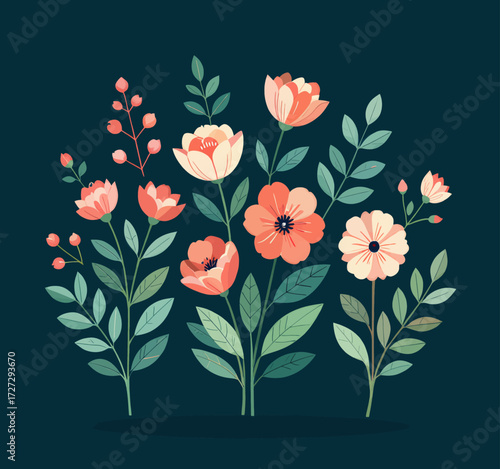 Wallpaper Mural Delicate Floral Bouquet on Dark Teal Background Torontodigital.ca