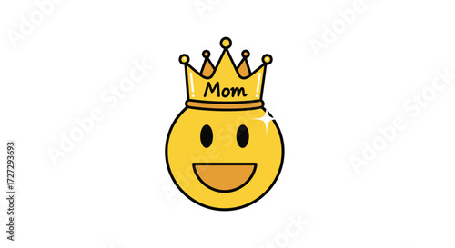 A cheerful smiling yellow emoji wearing a golden crown with "Mom" text, a heartfelt tribute, perfect vector illustration isolated on a transparent background.