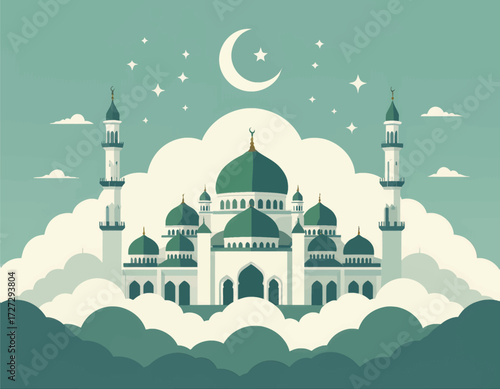 Dreamy Mosque on Clouds with Crescent Moon