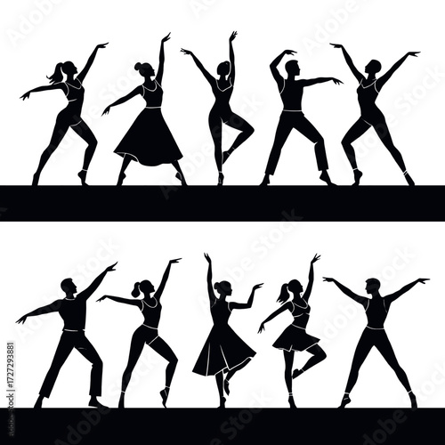 Dynamic Dance Silhouettes: Joyful Performers in Various Poses on Stage