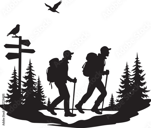 Two hikers with backpacks and trekking poles walking through a forest