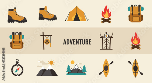 Explore the thrill of the outdoors with this flat design icon set, featuring minimalist illustrations of adventure travel and outdoor exploration. Perfect for conveying excitement and discovery.