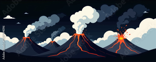 Erupting Volcanoes at Night with Smoldering Lava and Dark Skies