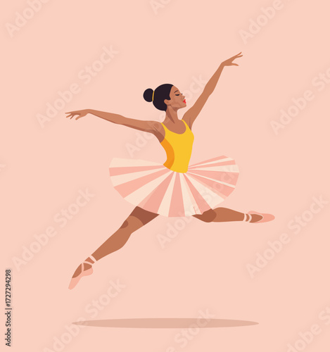 Graceful Ballerina in Mid-Leap, Pink Tutu, Yellow Bodice, Soft Pink Background