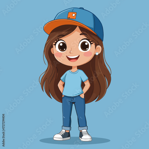 Happy Girl in Casual Outfit with Baseball Cap and Blue Sky
