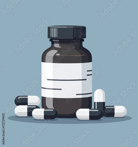 Illustration of Medicine Bottle with Capsules on Blue Background