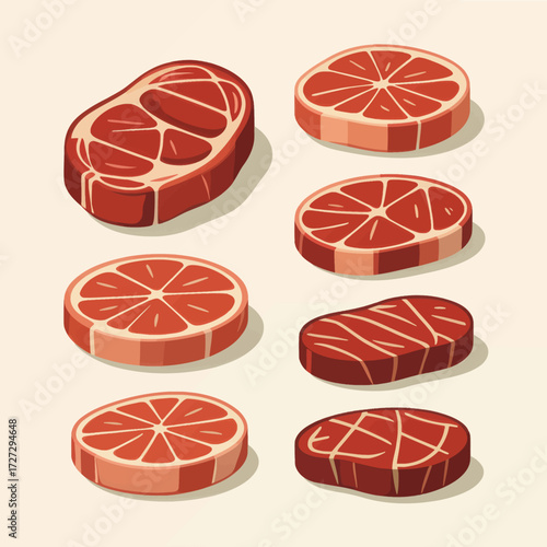 Juicy Steak Varieties in Isometric Style, Ready for Grill