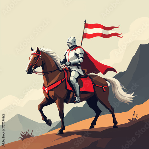 Knight's Journey: Desert Ride at Sunset with Waving Flag