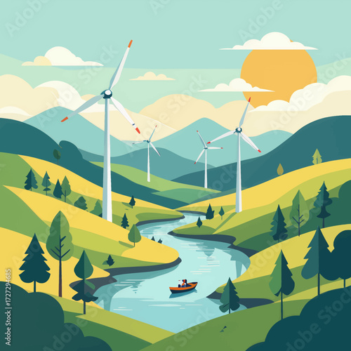 Lush Landscape with Windmills and Boating