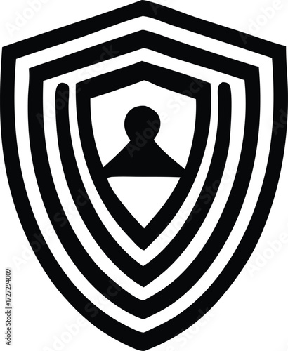 Symbolic shield protecting a human figure representing security personal safety digital protection privacy data