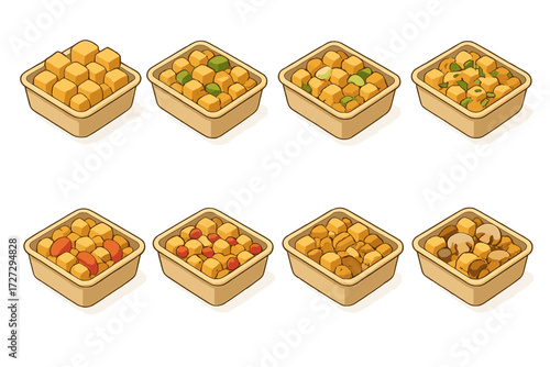 Stuffing Ingredients Icons. Stuffing Ingredients set icons in modern isometric flat : stuffing with bread cubes, stuffing with celery, stuffing with