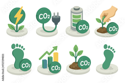 Carbon Offset Icons. Energy & Sustainability set icons in modern isometric flat : carbon offset with energy icon, carbon offset with electric plug,