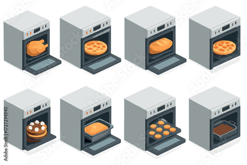 Isometric Cooking Icons. Cooking Context set icons in modern isometric flat : oven with turkey, oven with pie, oven with bread loaf, oven with pizza,