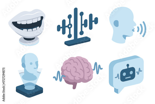 AI Voice Technology Icons. AI Voice set icons in modern isometric flat : robotic mouth, circuit sound wave, digital head with voice, hologram speaker,
