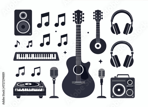 Minimalistic Music Icons: Guitar, Headphones, Speakers, Microphones, and More