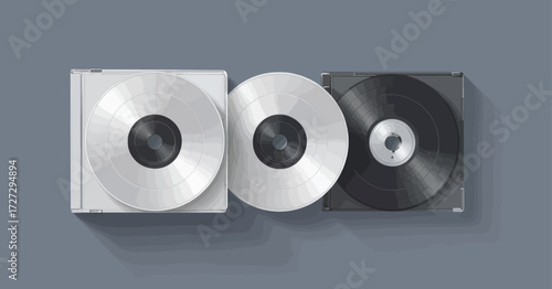 Minimalistic Audio Collection: CDs and Vinyl on Gray Background
