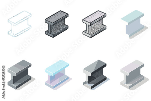 Industrial materials flat icon set. featuring steel beam structures, concrete blocks, and wood components