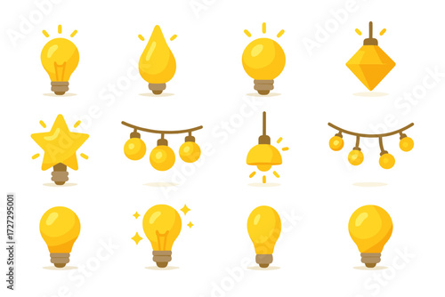 Golden Lights Icons. Golden Lights Variations set icons in modern isometric flat : glowing golden bulb, golden teardrop light, golden round bulb,