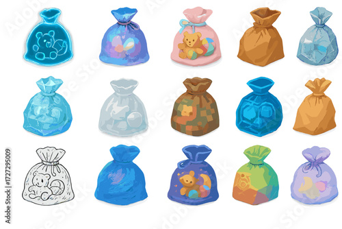 Creative Toy Sack Variations. Creative Toy Sacks set icons in modern isometric flat : neon glowing toy sack, holographic sack, pastel sack with toys,