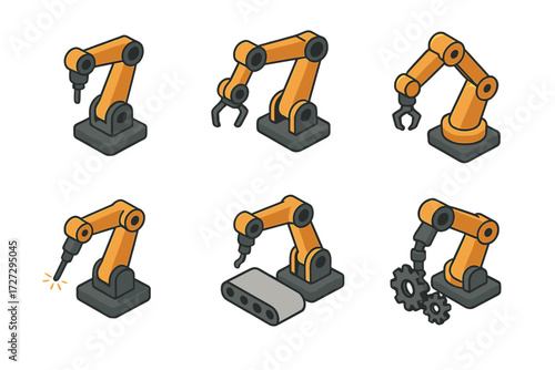 Industrial robot arm flat icon set. featuring robotic arm, machinery, factory, automation, assembly line, conveyor, gears