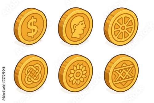 Isometric Cultural Coin Icons. Cultural Coins set icons in modern isometric flat : traditional coin design, ancient coin, symbolic coin, coin with
