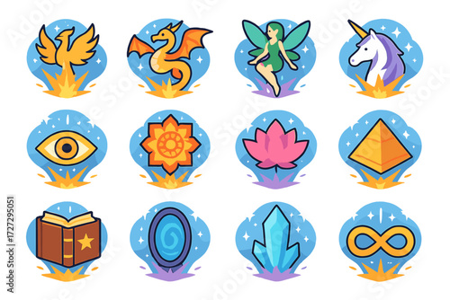 Mystical Sky Sparks. Mystical Sky Sparks set icons in modern isometric flat : spark with phoenix, spark with dragon, spark with fairy, spark with