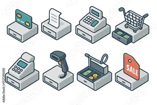 Isometric Retail Cash Icons. Retail Context set icons in modern isometric flat : cash drawer with credit card, cash drawer with receipt, cash drawer