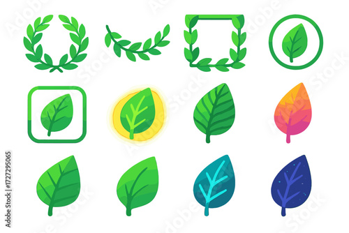 Isometric Leaf Icons. Decorative Leaves set icons in modern isometric flat : leaf wreath, leaf garland, leaf border, leaf in circle, leaf in square,