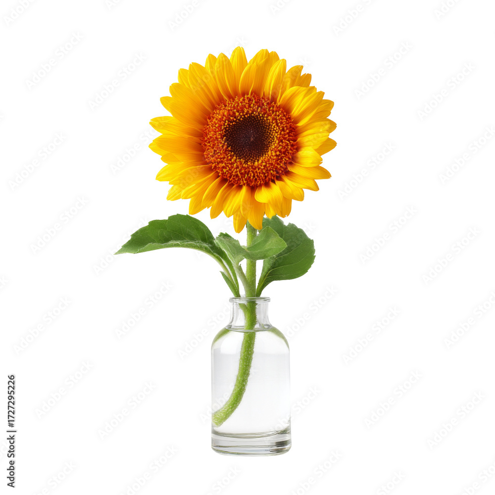 Obraz premium Beautiful sunflower in a clear glass bottle with water, bright yellow petals and green leaves on a white background