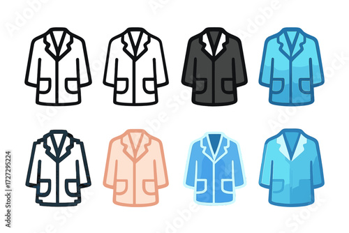 Doctor Coat Icons. Doctor Coat Styles set icons in modern isometric flat : flat doctor coat icon, outline doctor coat icon, bold doctor coat icon,