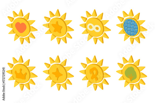 Modern Sun Icon Set. Symbolic Sun Icons set icons in modern isometric flat : sun with heart, sun with star, sun with infinity symbol, sun with globe,
