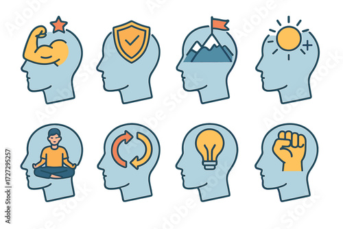 Mindset Growth Icons. Mindset & Growth set icons in modern isometric flat : mental strength with motivation, mental strength with self-discipline,