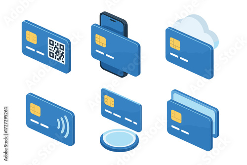 Digital Card Icons. Digital Credit Cards set icons in modern isometric flat : card with QR code, card with smartphone, card with cloud, card with NFC