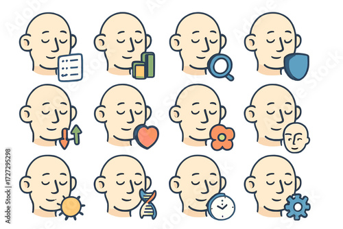 Functional Facial Icons. Functional Facial Cues set icons in modern isometric flat : facial cue with checklist, facial cue with chart, facial cue with