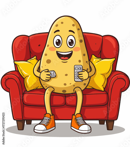 Potato character relaxing on red couch with remote controls