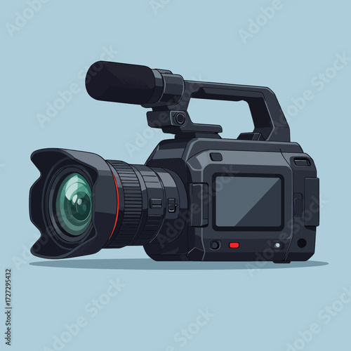 Professional Video Camera on Light Blue Background