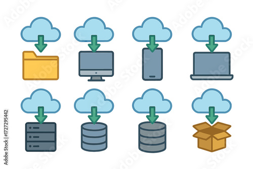 Cloud Download Icons. Cloud Contexts set of icons in neo-flat style: cloud to folder download, cloud to device download, cloud to phone download,
