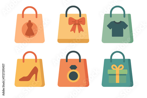 Stylish Bag Icons. Fashion Store Bags set of icons in neo-flat style: boutique bag, luxury bag with ribbon, clothing bag, shoe bag, accessory bag,