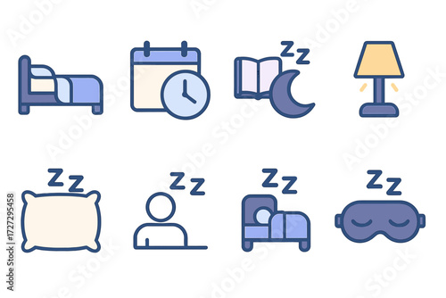 Sleep Routine Icons. Basic Sleep Routines set of icons in neo-flat style: bed with blanket, sleep schedule with clock, bedtime with book, sleep