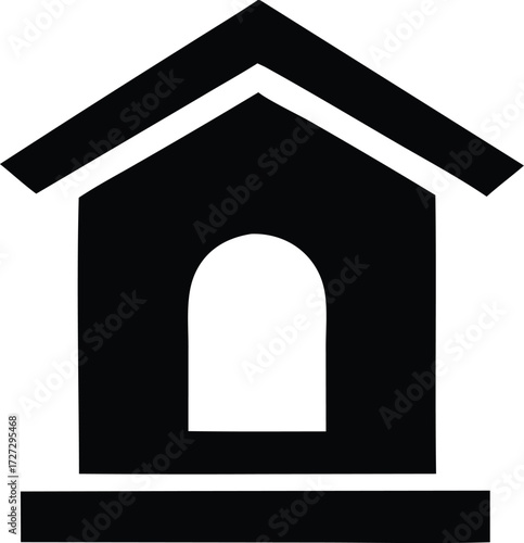 Simple silhouette of a dog house or pet shelter with arched doorway and gable roof icon design