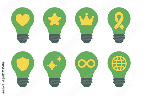 Eco Bulb Icons. Symbolic Eco Bulbs set of icons in neo-flat style: eco bulb with heart, eco bulb with star, eco bulb with crown, eco bulb with ribbon,