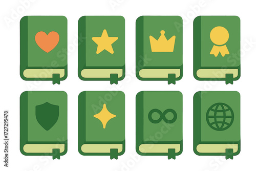 Symbolic Eco Journal Icons. Symbolic Eco Journals set of icons in neo-flat style: eco journal with heart, eco journal with star, eco journal with