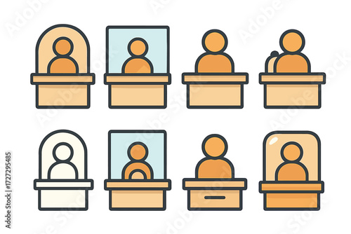 Teller Window Icons. Basic Teller Windows set of icons in neo-flat style: classic bank teller window, teller window with glass, teller window with