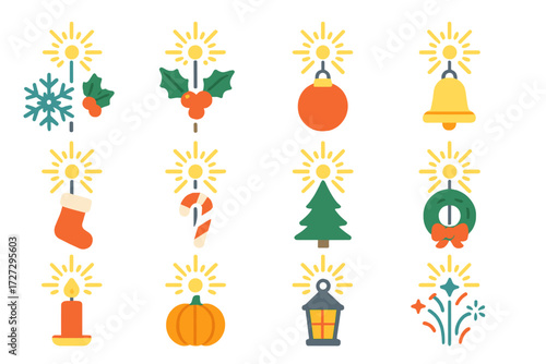 Festive Sparkler Icons. Holiday Sparklers set of icons in neo-flat style: sparkler with snowflake, sparkler with holly, sparkler with ornament,