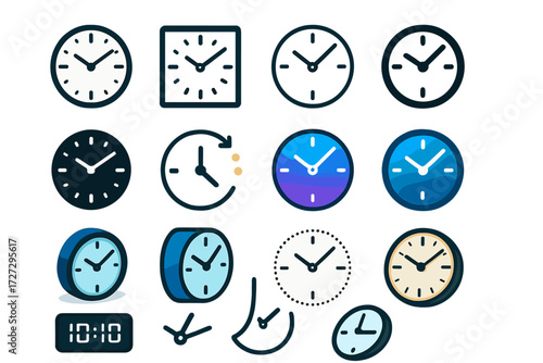 Clock Face Icons. Clock Face Basics set of icons in neo-flat style: simple round clock face, square clock face, minimal line clock, bold outline clock