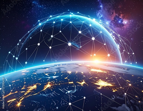 Connected globe over cityscapes and mountains at sunrise—digital network of nodes and lines symbolizing internet, 5G, cloud, IoT, smart city and global data exchange. Generative AI illustration.