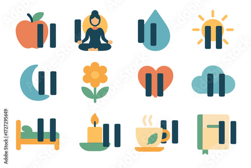 Mindful Pause Icons. Wellness Mindful Pause set of icons in neo-flat style: pause with apple, pause with yoga pose, pause with water drop, pause with