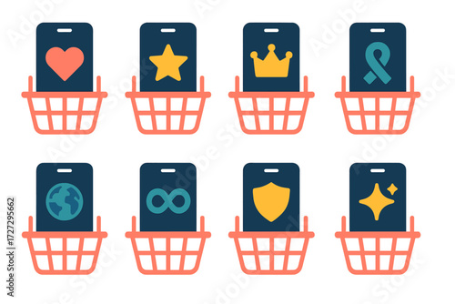 Neo-Flat Phone Baskets. Symbolic Phone Baskets set of icons in neo-flat style: phone basket with heart, phone basket with star, phone basket with